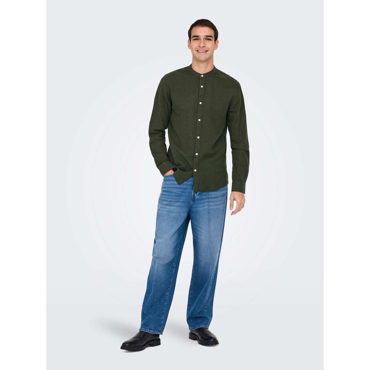 ONLY & SONS MEN’S SLIM FIT LS SOLID LINEN MAO SHIRT 22019173 kambaba green